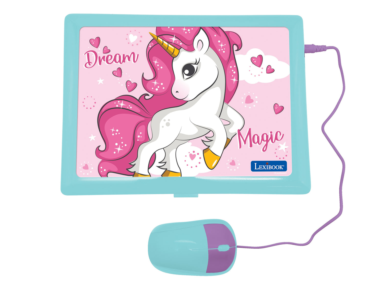 Lexibook bilingual educational laptop with turquoise case, unicorn design on screen, and matching mouse with purple accents