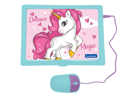 Lexibook bilingual educational laptop with turquoise case, unicorn design on screen, and matching mouse with purple accents