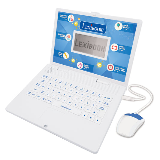 Lexibook white educational laptop with blue screen displaying learning categories including mathematics, language, logic, games, music, and clock & time, shown