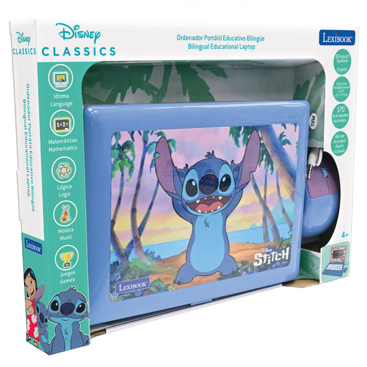 Lexibook Disney Stitch bilingual educational laptop with blue case, featuring Stitch character on screen, shown with packaging box displaying learning activity