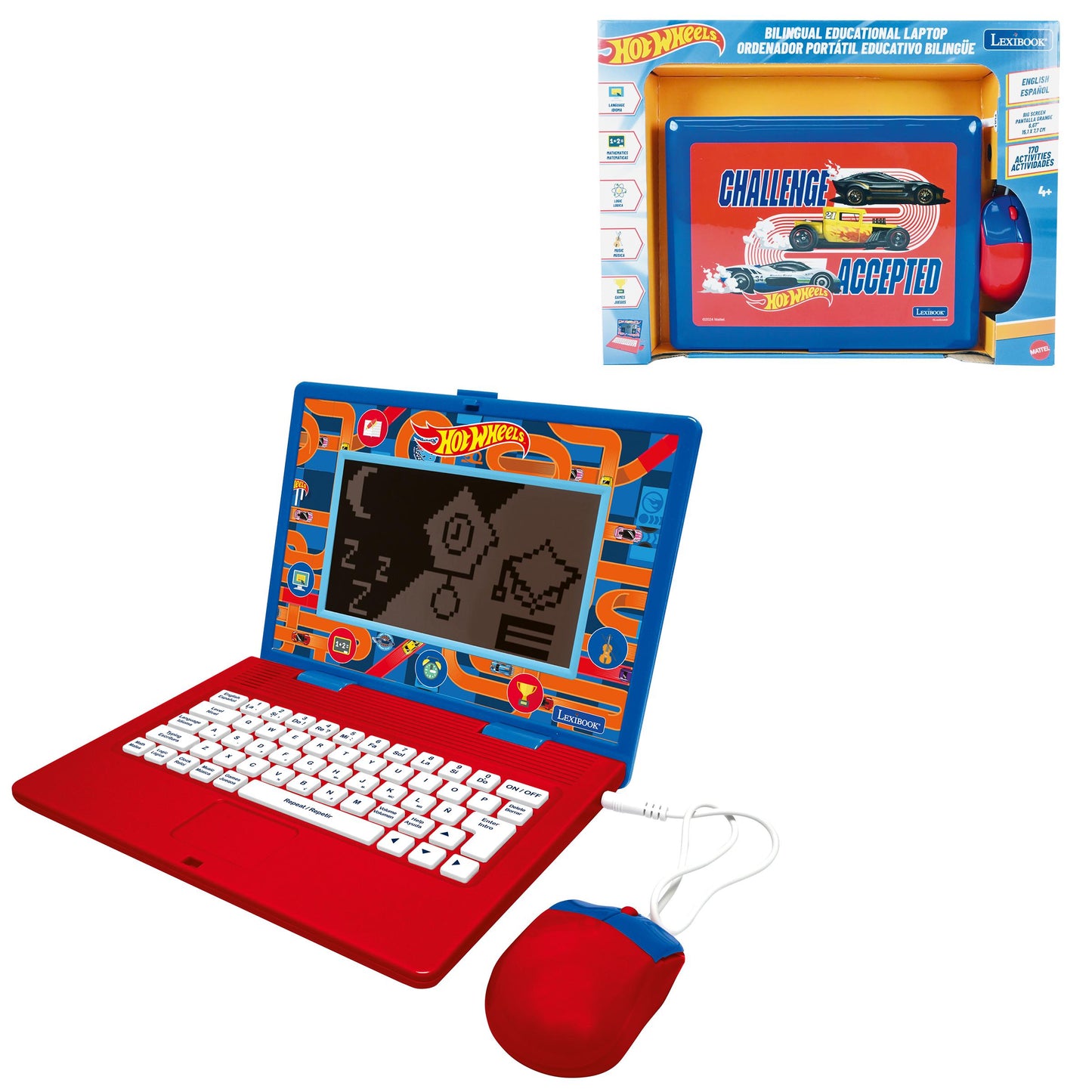 Hot Wheels bilingual educational laptop with red base, blue top, white keyboard, and matching red mouse with blue accents, displayed open showing screen with ga