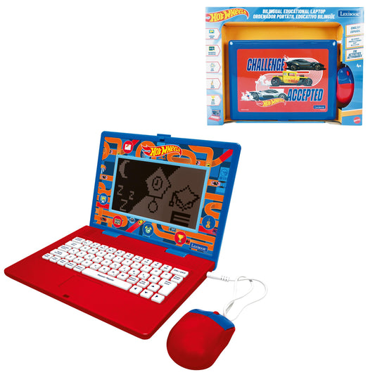 Hot Wheels bilingual educational laptop with red base, blue top, white keyboard, and matching red mouse with blue accents, displayed open showing screen with ga