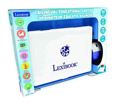 Lexibook Bilingual Educational Laptop with blue and white casing, ladybug logo, and mouse attached