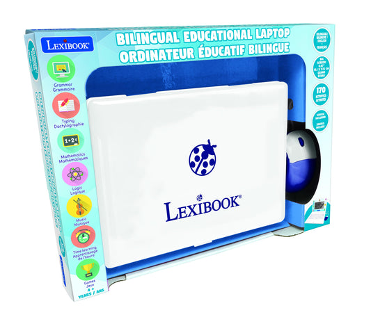 Lexibook Bilingual Educational Laptop with blue and white casing, ladybug logo, and mouse attached