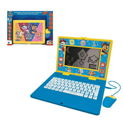 Paw Patrol bilingual educational laptop with blue base, white keyboard, yellow and blue screen displaying pixelated graphics, connected mouse, shown open and cl