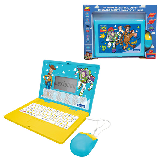 Toy Story bilingual educational laptop with turquoise clamshell design, yellow keyboard, and matching mouse; Woody and Buzz characters on screen and lid