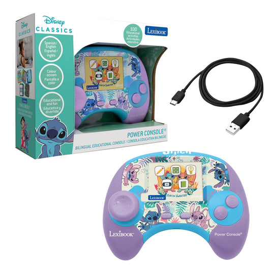 Disney Classics Stitch bilingual educational Power Console with purple and blue controller, colorful Stitch-themed display screen, USB cable, and packaging box