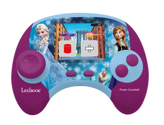 Lexibook Power Console handheld game device with purple and blue design featuring Frozen characters Elsa, Anna, and Olaf with snowflake patterns and dual joysti