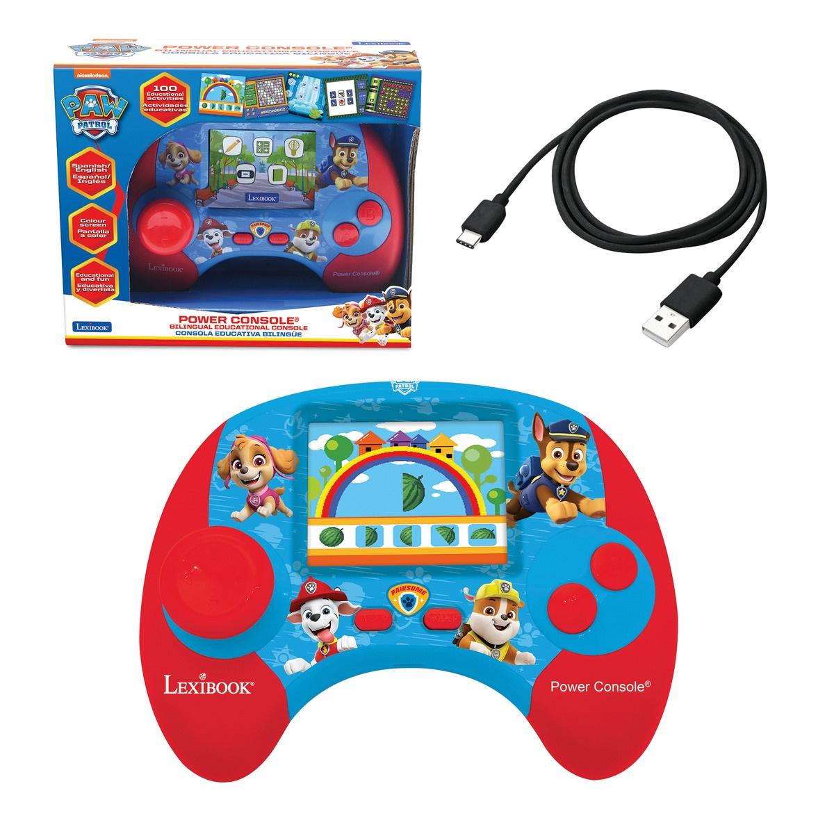 Paw Patrol Power Console bilingual educational handheld game with red and blue controller, screen showing matching game, and USB charging cable
