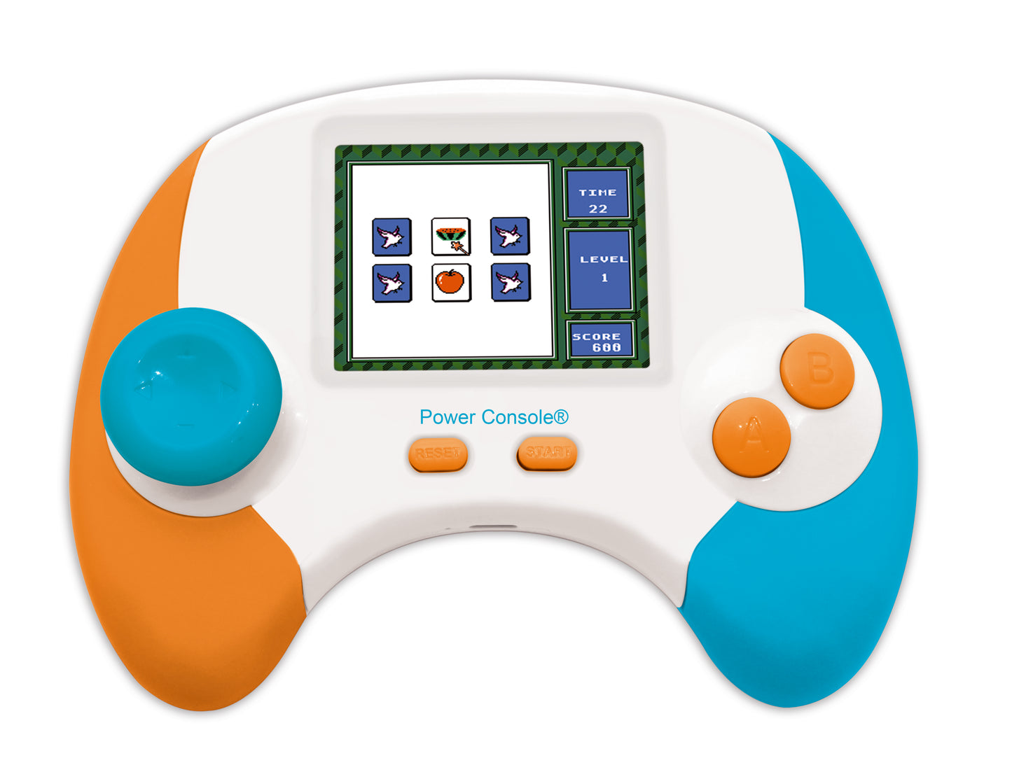 Power Console handheld electronic game with white and orange/turquoise body, LCD screen showing matching game with fruit and animal icons, two joysticks and ora