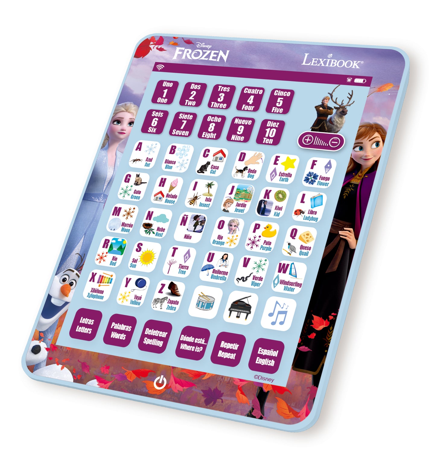 Disney Frozen Lexibook bilingual educational tablet with numbers, letters, and vocabulary in English and Spanish, featuring Elsa, Anna, and Olaf characters