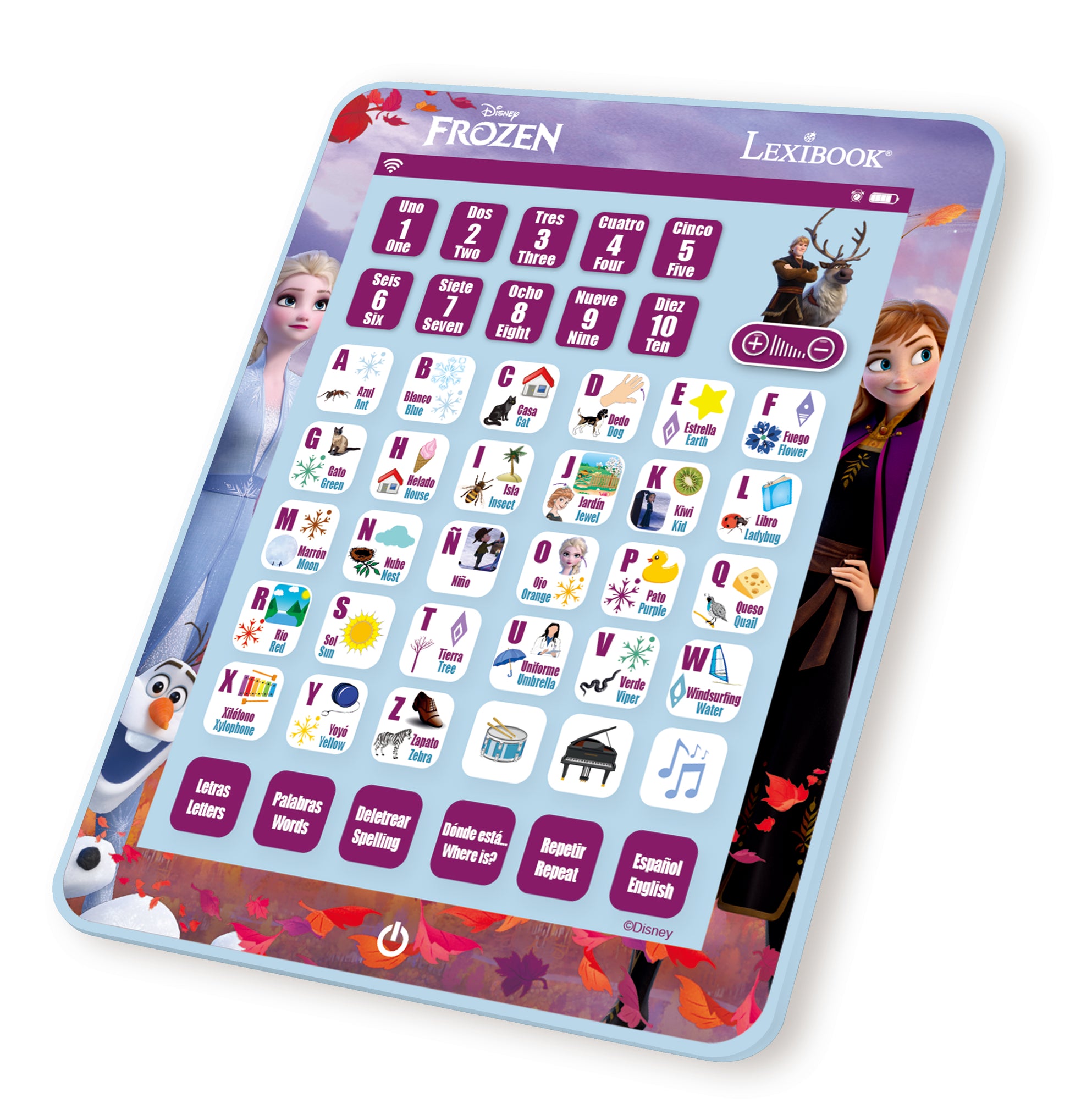 Disney Frozen Lexibook bilingual educational tablet with numbers, letters, and vocabulary in English and Spanish, featuring Elsa, Anna, and Olaf characters