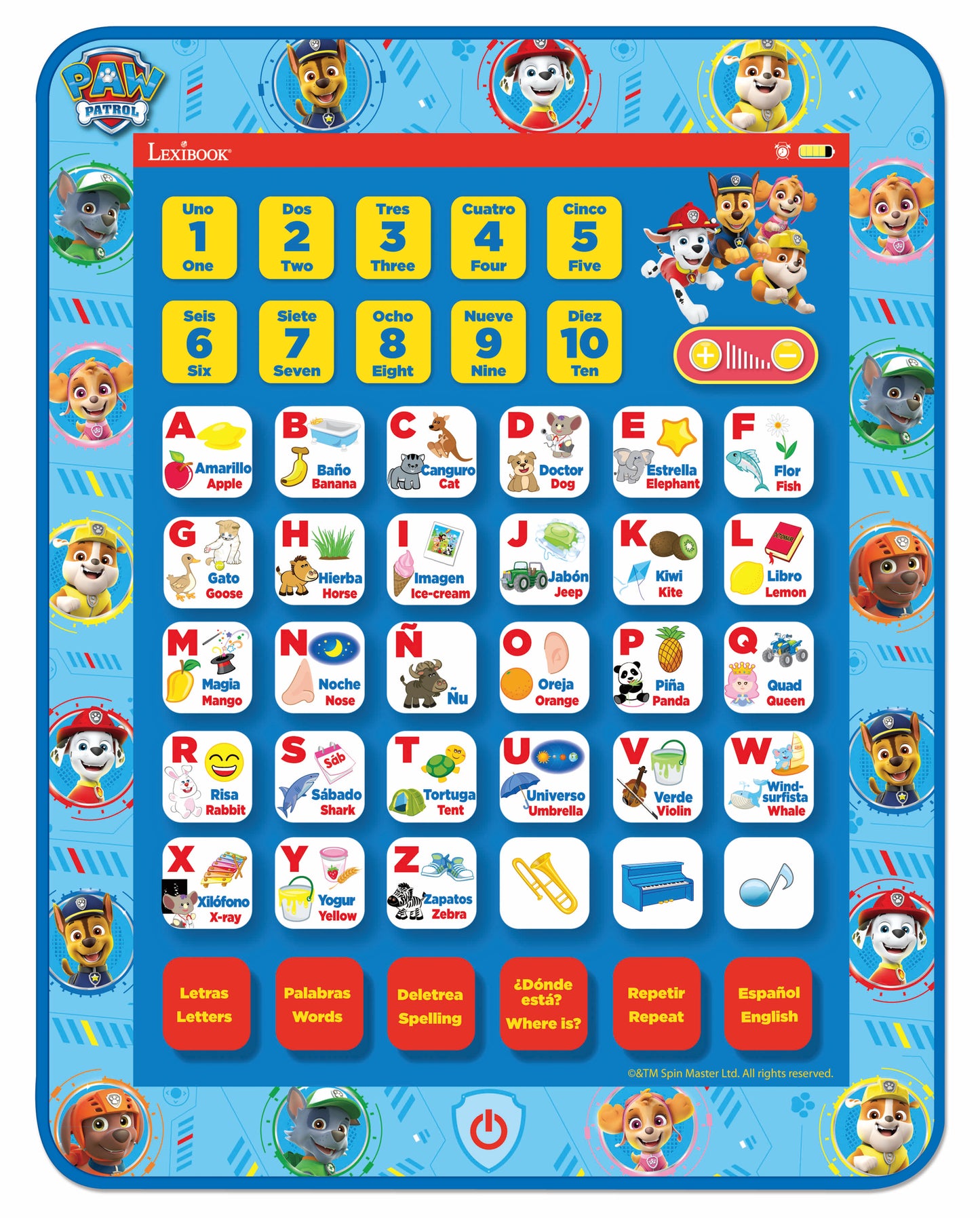 Paw Patrol Lexibook bilingual learning tablet with numbered buttons, Spanish-English alphabet and word tiles, and interactive buttons for letters, words, spelli