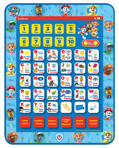 Paw Patrol Lexibook bilingual learning tablet with numbered buttons, Spanish-English alphabet and word tiles, and interactive buttons for letters, words, spelli