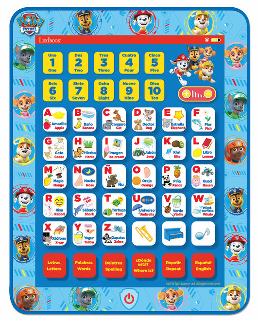 Paw Patrol Lexibook bilingual learning tablet with numbered buttons, Spanish-English alphabet and word tiles, and interactive buttons for letters, words, spelli