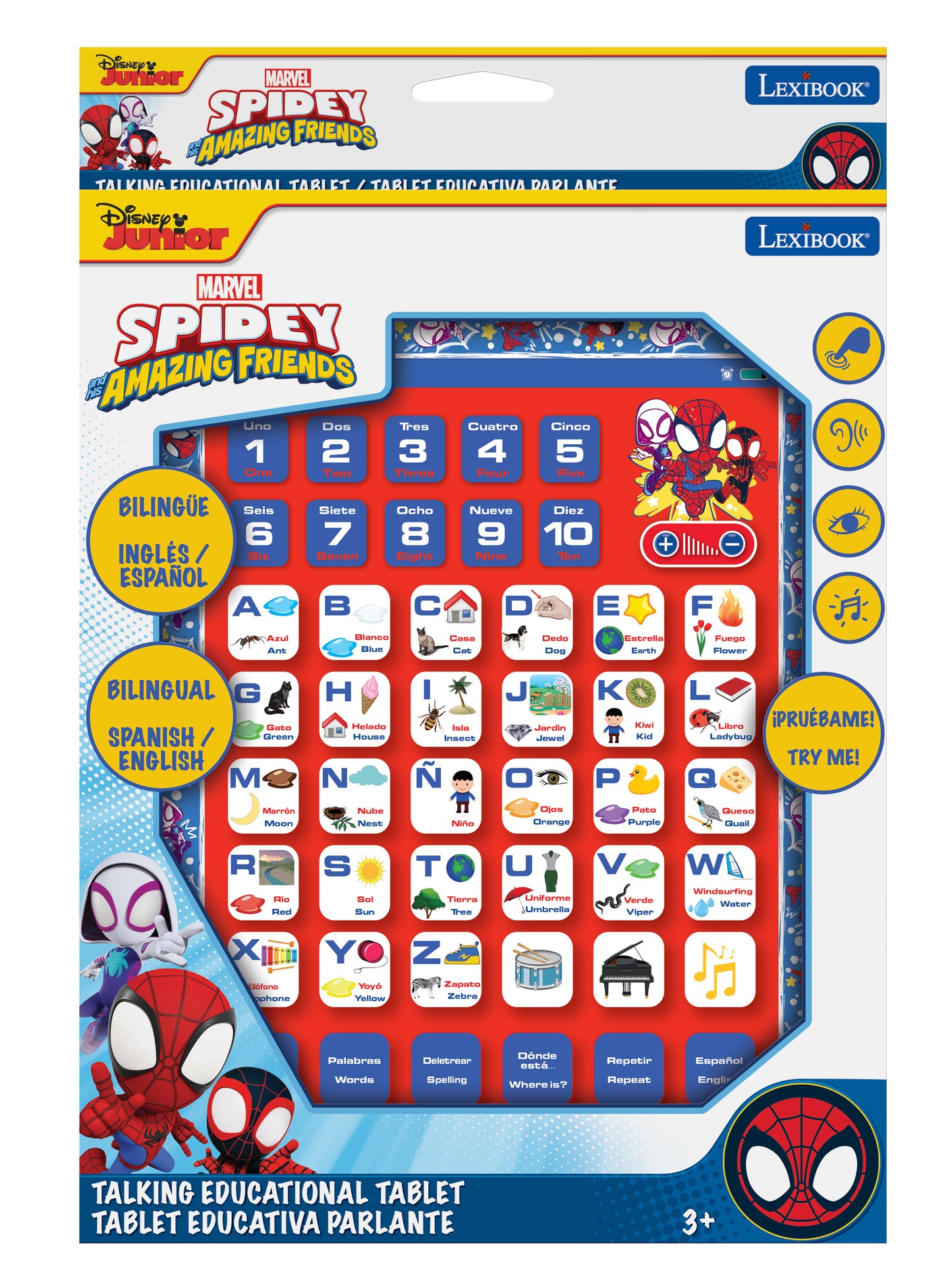 Marvel Spider-Man & Amazing Friends Lexibook bilingual talking educational tablet featuring English and Spanish alphabet, numbers, vocabulary, and learning game
