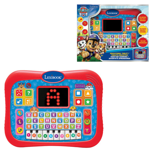 Paw Patrol Lexibook educational tablet with red bumper, blue face, interactive buttons with letters, numbers, and icons, black display screen, and piano keys at