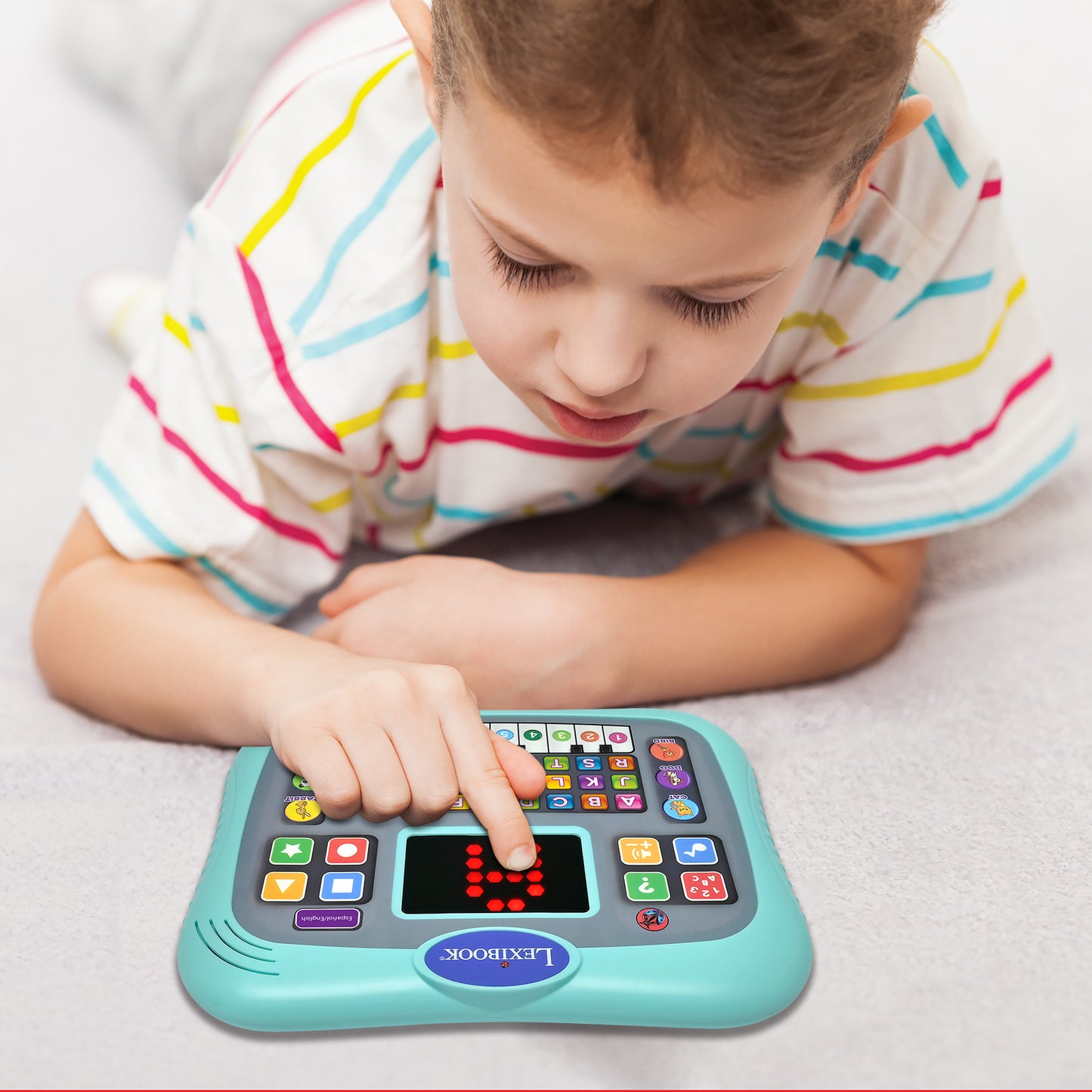 LEXIBOOK ABC bilingual talking educational tablet with touch panel and LED display to illustrate interactions with the game in English and Spanish