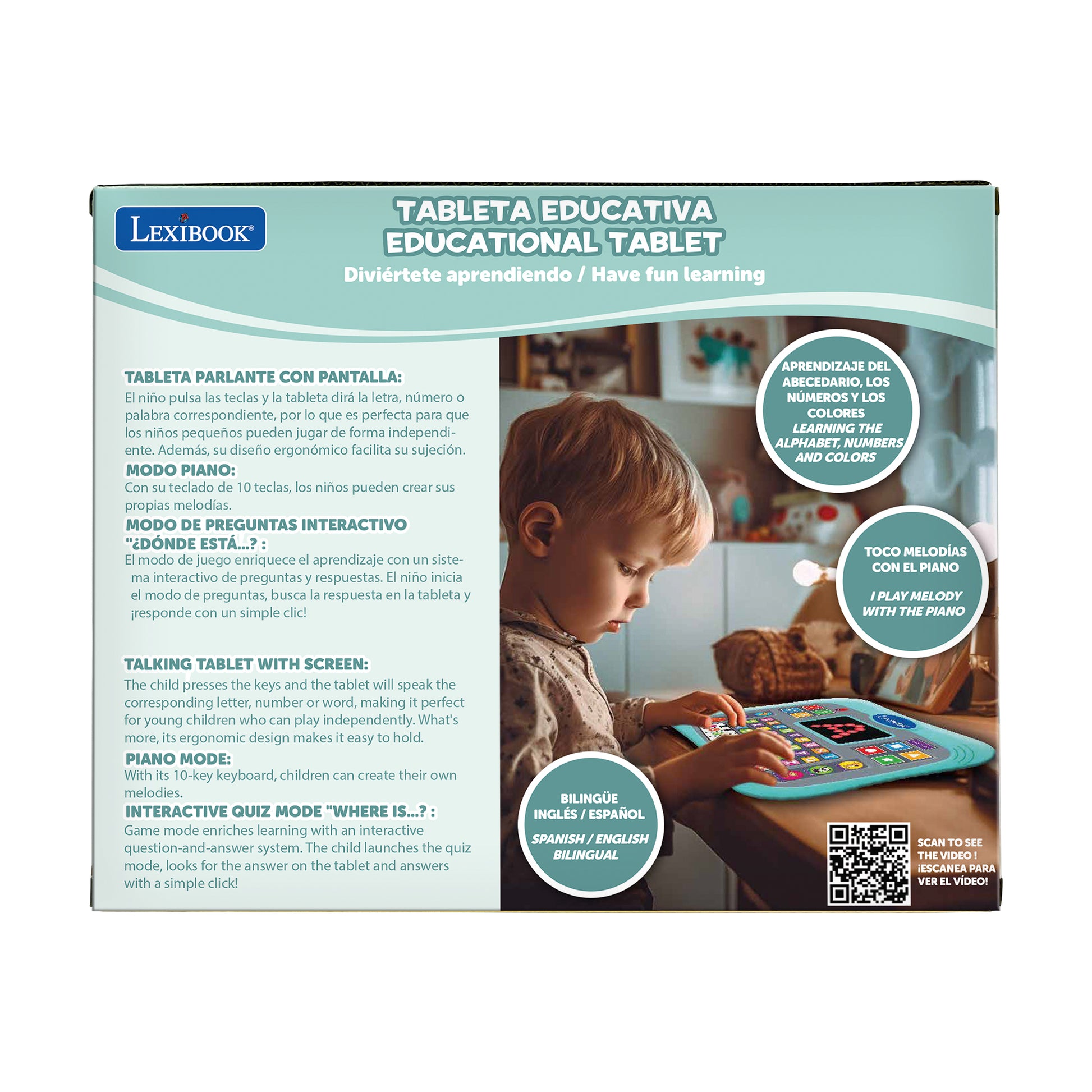 LEXIBOOK ABC bilingual talking educational tablet with touch panel and LED display to illustrate interactions with the game in English and Spanish