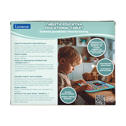 LEXIBOOK ABC bilingual talking educational tablet with touch panel and LED display to illustrate interactions with the game in English and Spanish