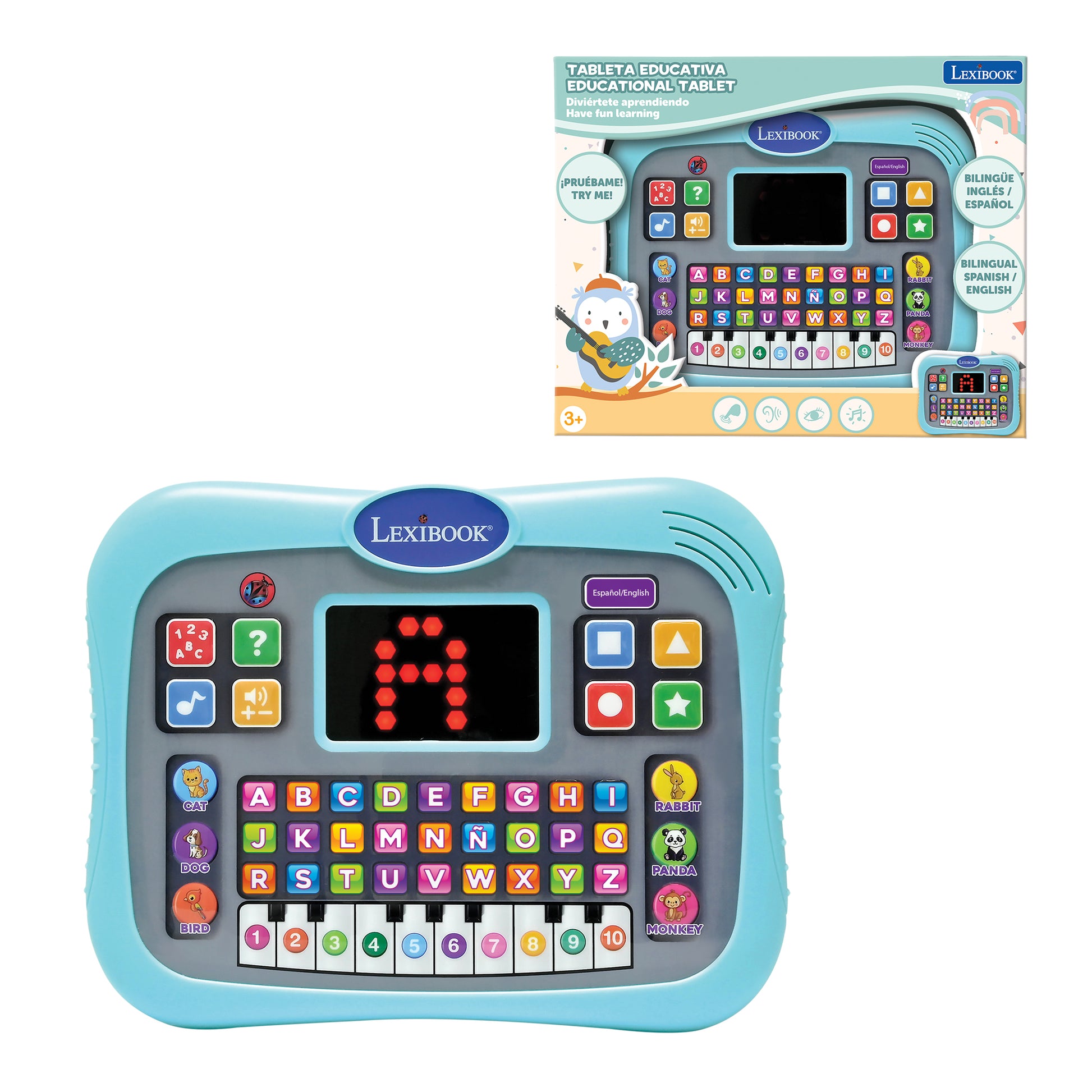 LEXIBOOK ABC bilingual talking educational tablet with touch panel and LED display to illustrate interactions with the game in English and Spanish