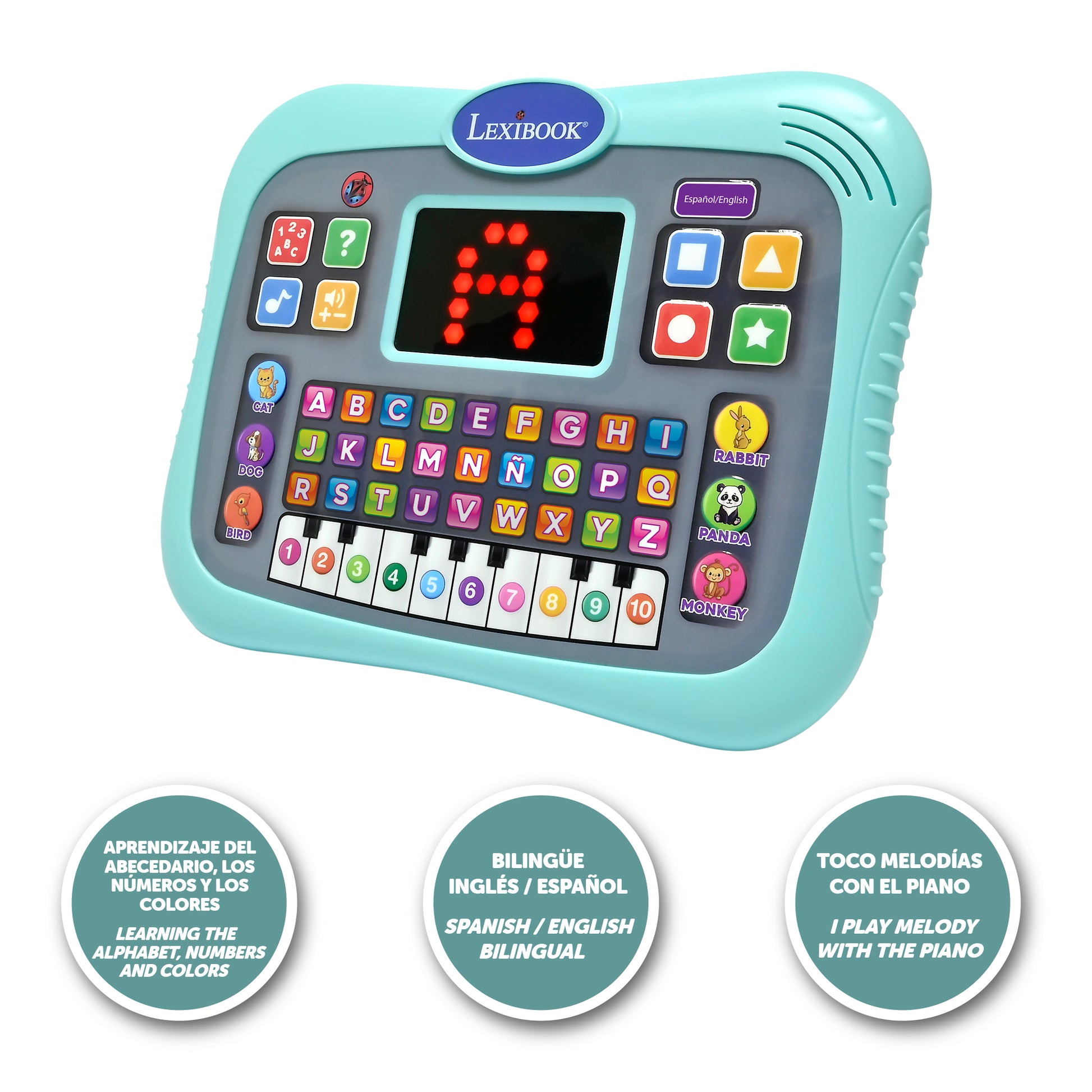 LEXIBOOK ABC bilingual talking educational tablet with touch panel and LED display to illustrate interactions with the game in English and Spanish