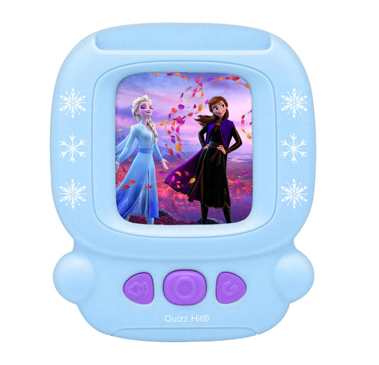 Light blue Quizz Hit interactive card reader with snowflake designs, purple buttons, and screen displaying Disney Frozen characters Elsa and Anna