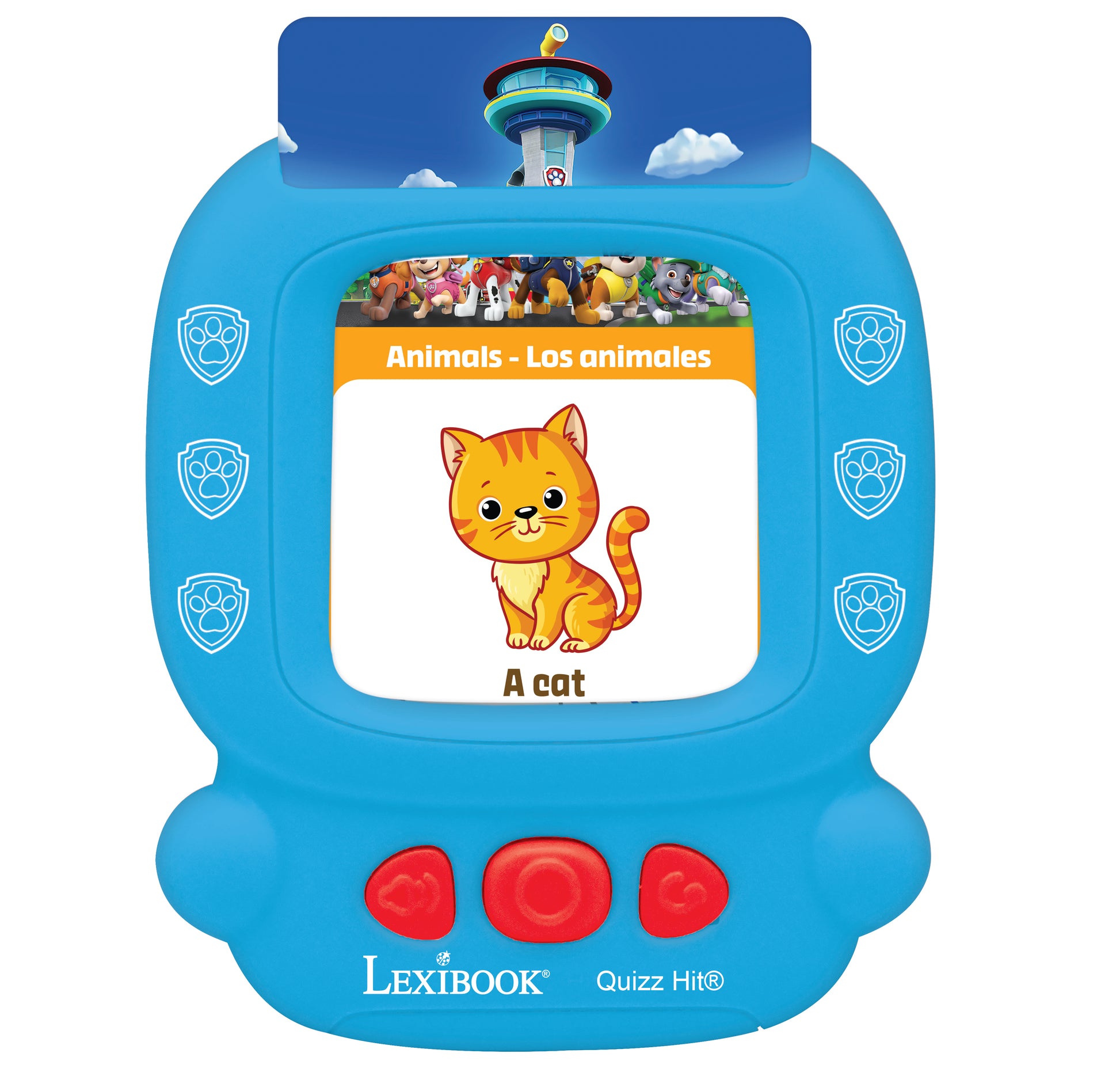 Blue Lexibook Quizz Hit interactive learning device with screen showing orange cat and 'Animals - Los animales' bilingual lesson, paw print badges on sides, and