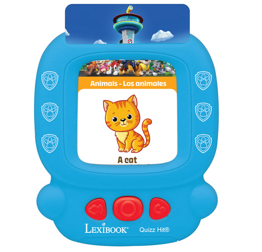 Blue Lexibook Quizz Hit interactive learning device with screen showing orange cat and 'Animals - Los animales' bilingual lesson, paw print badges on sides, and
