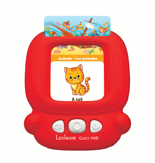 Red Lexibook Quizz Hit interactive learning device showing Animals vocabulary card with cartoon cat, three control buttons below