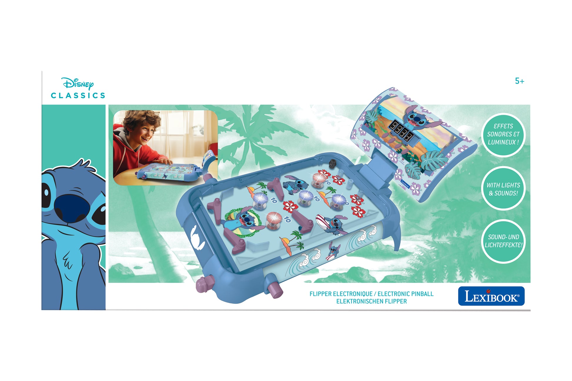 Stitch electronic table pinball with a great design, sounds, lights and digital scoring to play alone or challenge your friends.