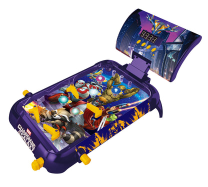 Purple electronic tabletop pinball game with Guardians of the Galaxy characters, flippers, and illuminated bumpers, with hinged screen display showing game inte