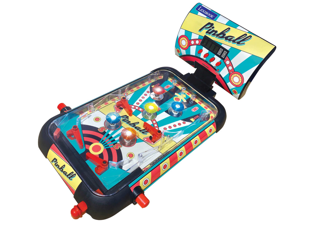 Lexibook compact digital electronic pinball machine with yellow and teal design, illuminated bumpers, flippers, and scoreboard display