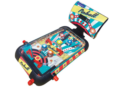 Lexibook compact digital electronic pinball machine with yellow and teal design, illuminated bumpers, flippers, and scoreboard display