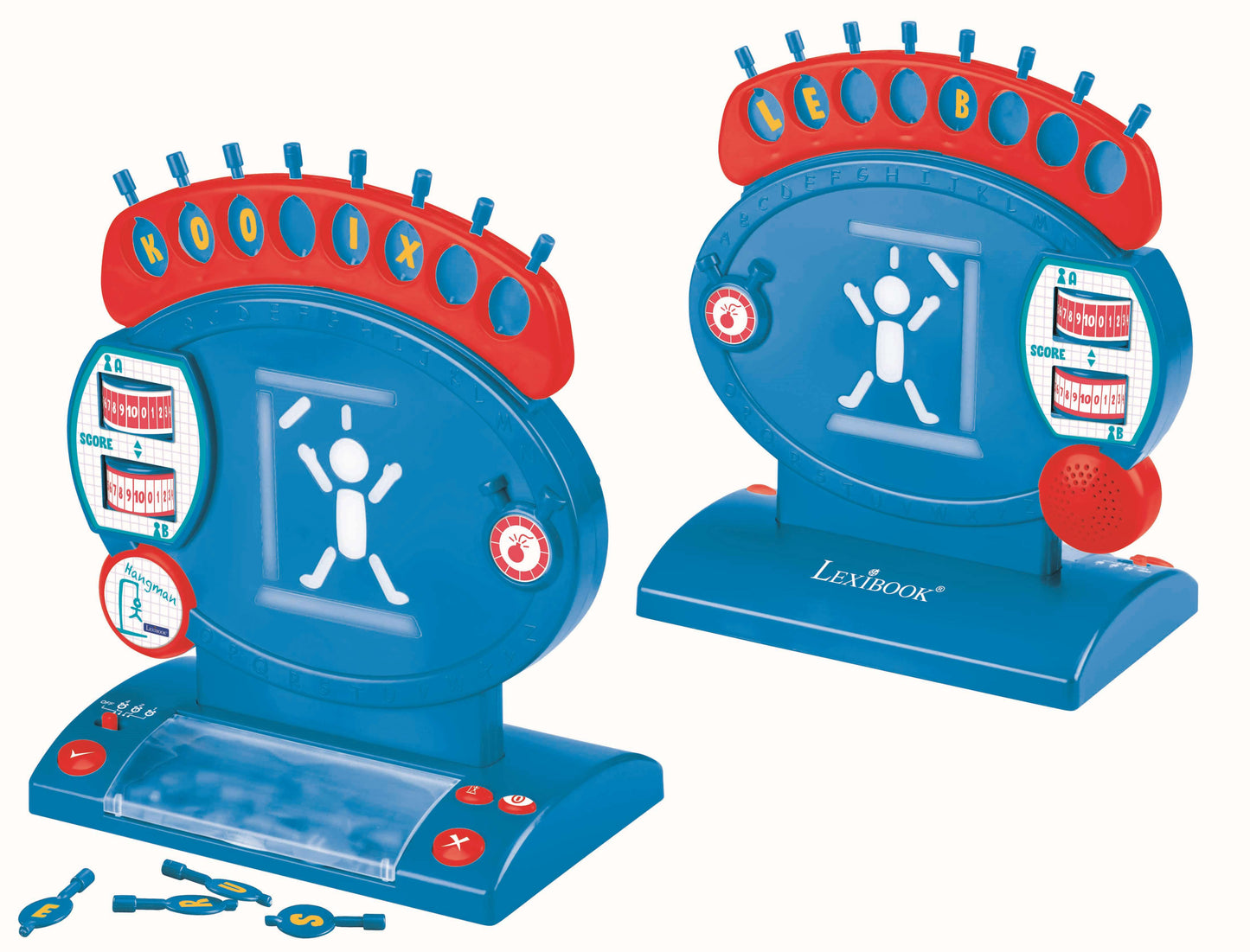 Lexibook Electronic Hangman Game showing two blue and red handheld devices with letter buttons on top, display screens, and control buttons, plus game pieces