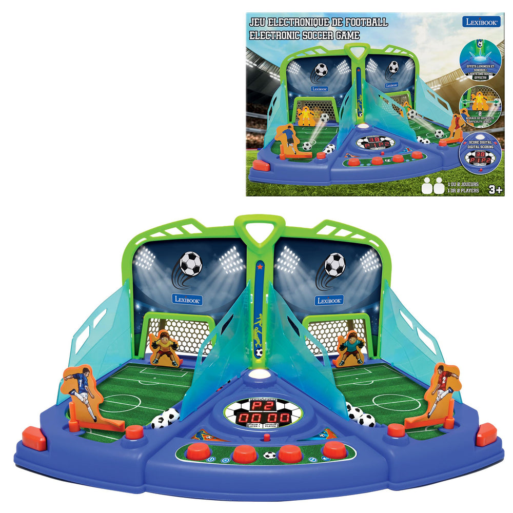 Lexibook Kickmaster Ultimate Light & Sound Soccer Challenge Game with dual green and blue stadium fields, orange player figures, soccer balls, digital scoring d