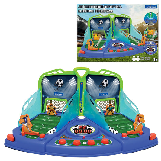 Lexibook Kickmaster Ultimate Light & Sound Soccer Challenge Game with dual green and blue stadium fields, orange player figures, soccer balls, digital scoring d
