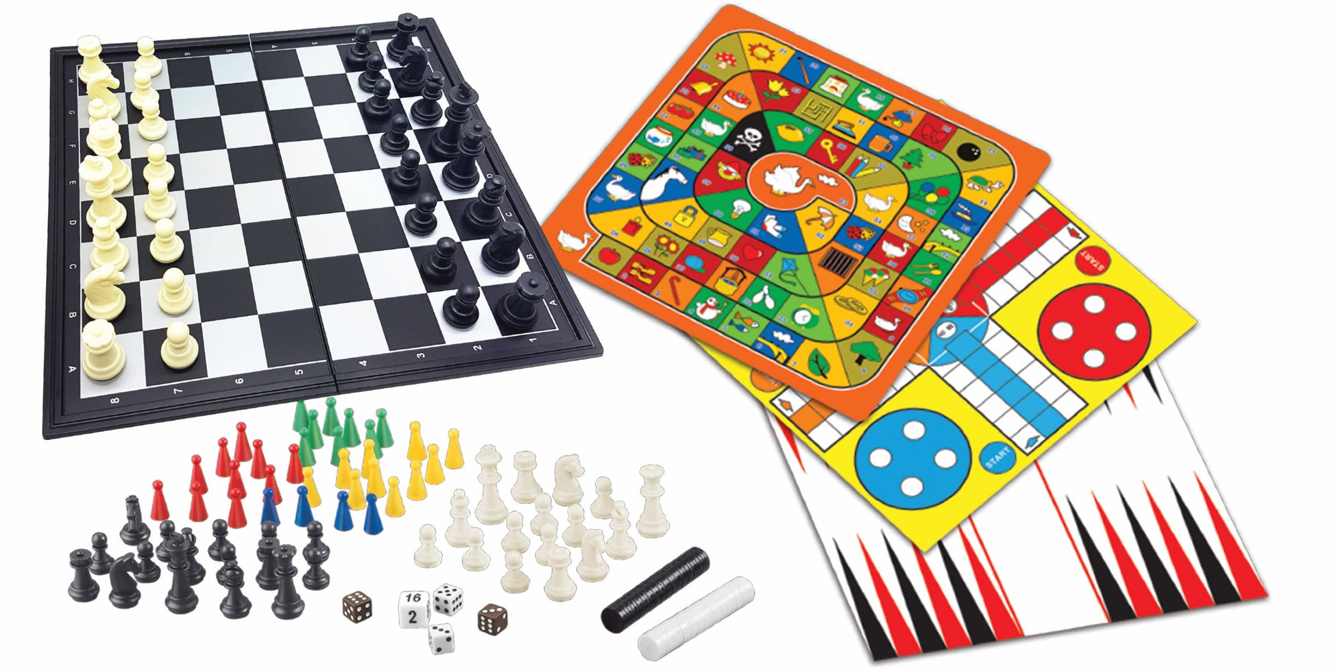 8-in-1 magnetic board games set with chess board, colorful game boards, playing pieces in multiple colors, dice, and game tokens displayed on white background