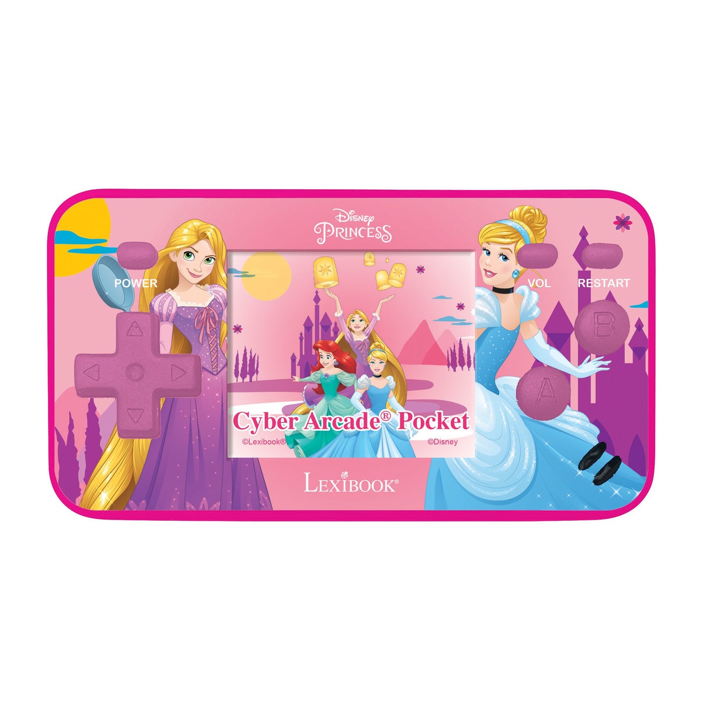 Disney Princess Cyber Arcade Pocket handheld gaming console with pink case, featuring Rapunzel and Cinderella characters, control buttons, and castle scene back
