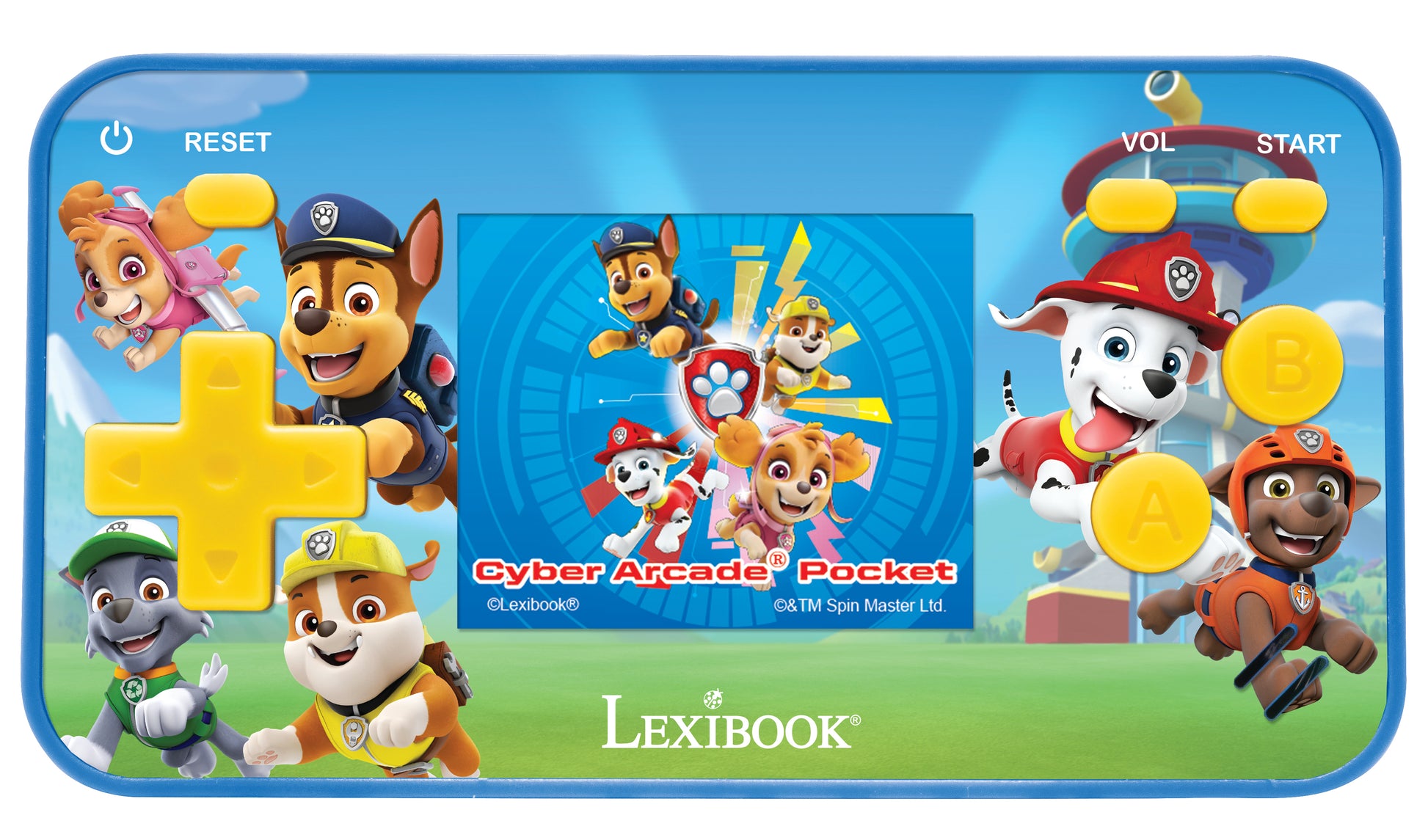 Paw Patrol Cyber Arcade Pocket handheld game console with blue casing, yellow buttons, and character illustrations of Chase, Skye, Marshall, and other pups from