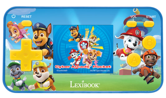 Paw Patrol Cyber Arcade Pocket handheld game console with blue casing, yellow buttons, and character illustrations of Chase, Skye, Marshall, and other pups from
