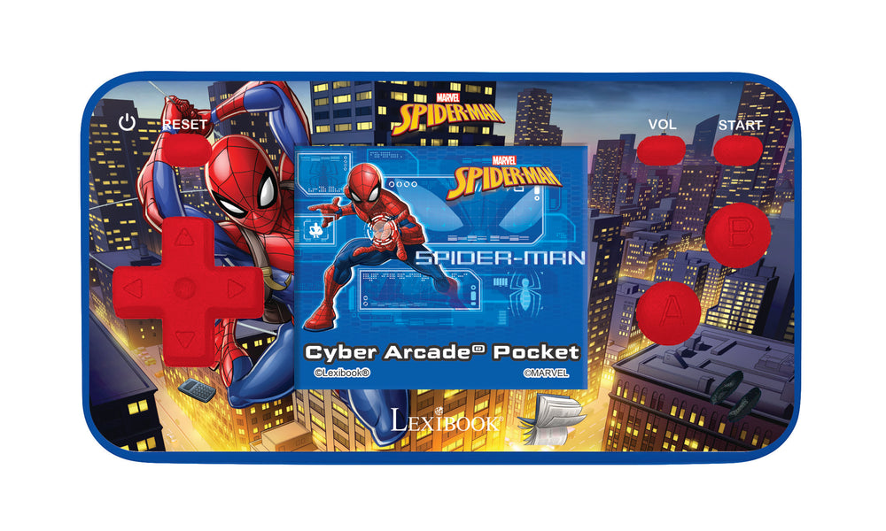 Spider-Man Cyber Arcade Pocket handheld game console with red buttons and blue casing, featuring Spider-Man character and city skyline background