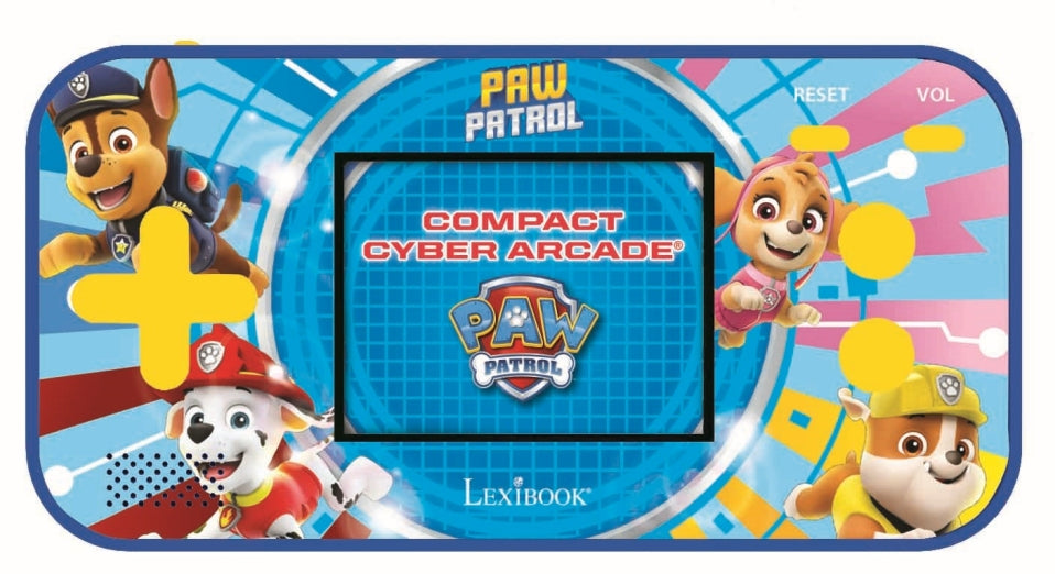 Paw Patrol Compact Cyber Arcade handheld game console with screen displaying game, featuring Chase, Skye, and Marshall characters on blue casing with yellow con