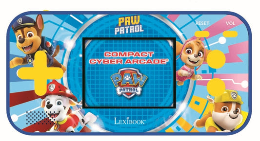 Paw Patrol Compact Cyber Arcade handheld game console with screen displaying game, featuring Chase, Skye, and Marshall characters on blue casing with yellow con