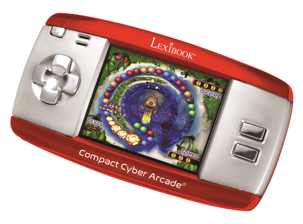 Lexibook Compact Cyber Arcade handheld game device with red casing, silver controls, and LCD screen displaying a colorful bubble-shooter arcade game