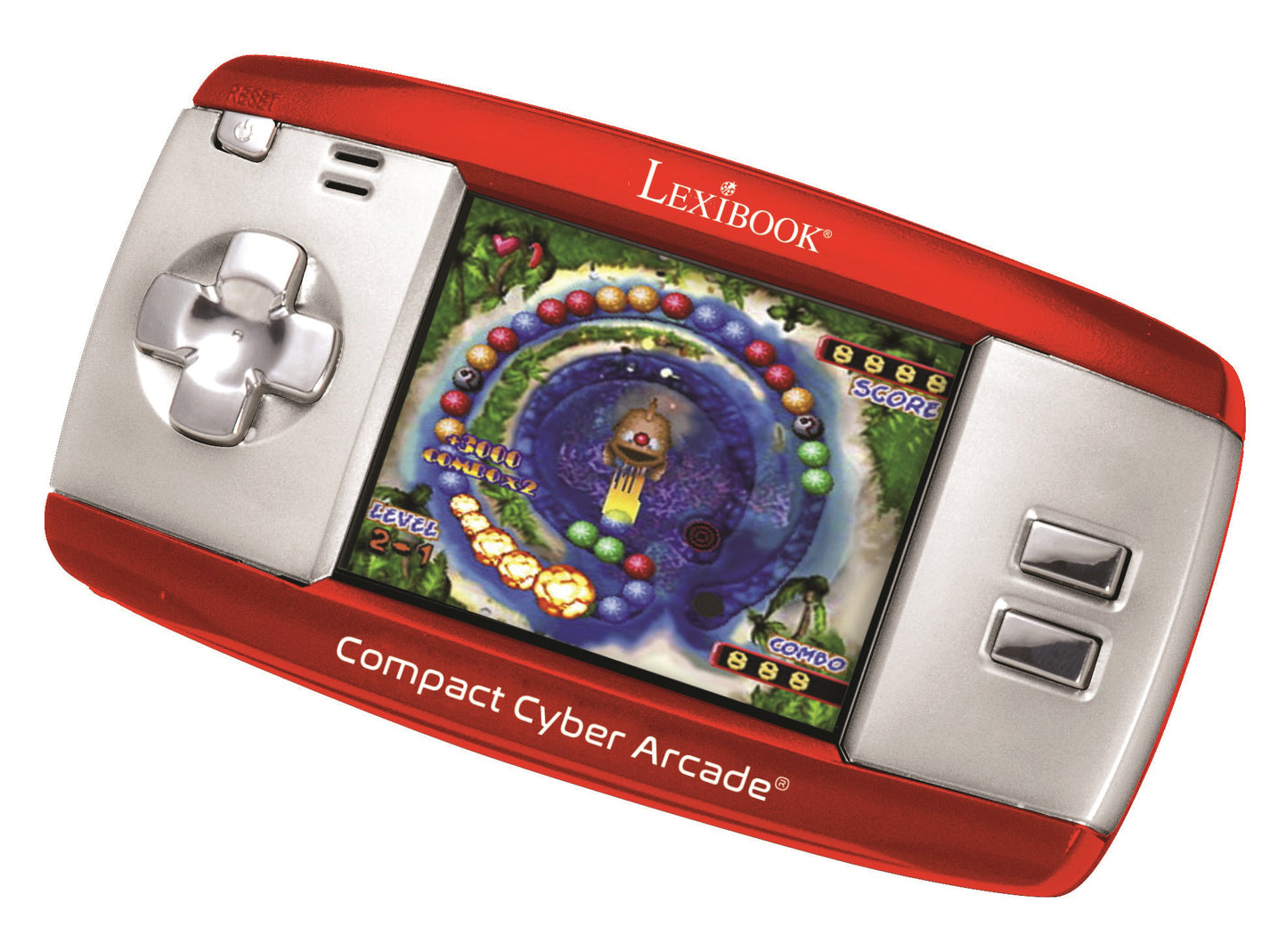 Lexibook Compact Cyber Arcade handheld game device with red casing, silver controls, and LCD screen displaying a colorful bubble-shooter arcade game