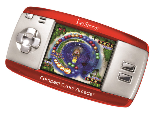 Lexibook Compact Cyber Arcade handheld game device with red casing, silver controls, and LCD screen displaying a colorful bubble-shooter arcade game