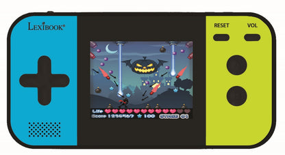 Lexibook Compact Cyber Arcade handheld gaming console with blue d-pad on left, lime-green buttons on right, and center screen displaying Halloween-themed game w
