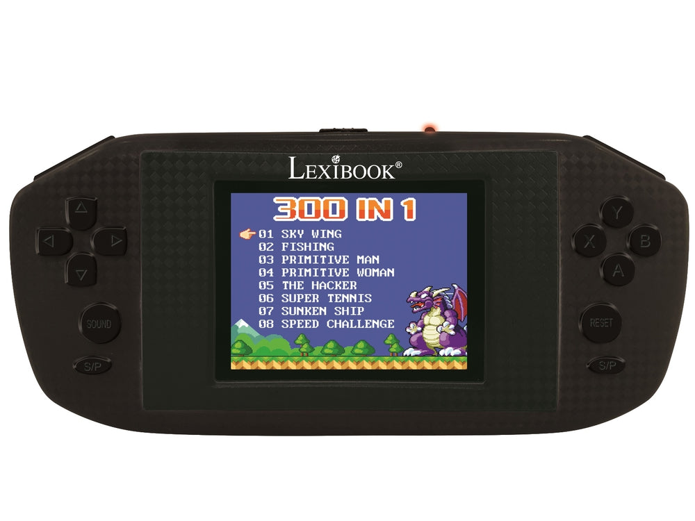 Lexibook handheld gaming console with black case, control buttons on sides, and screen displaying 300 IN 1 game menu with titles like Sky Wing and Fishing