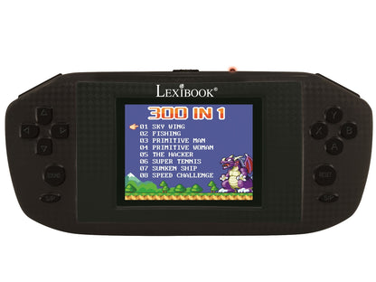 Lexibook handheld gaming console with black case, control buttons on sides, and screen displaying 300 IN 1 game menu with titles like Sky Wing and Fishing